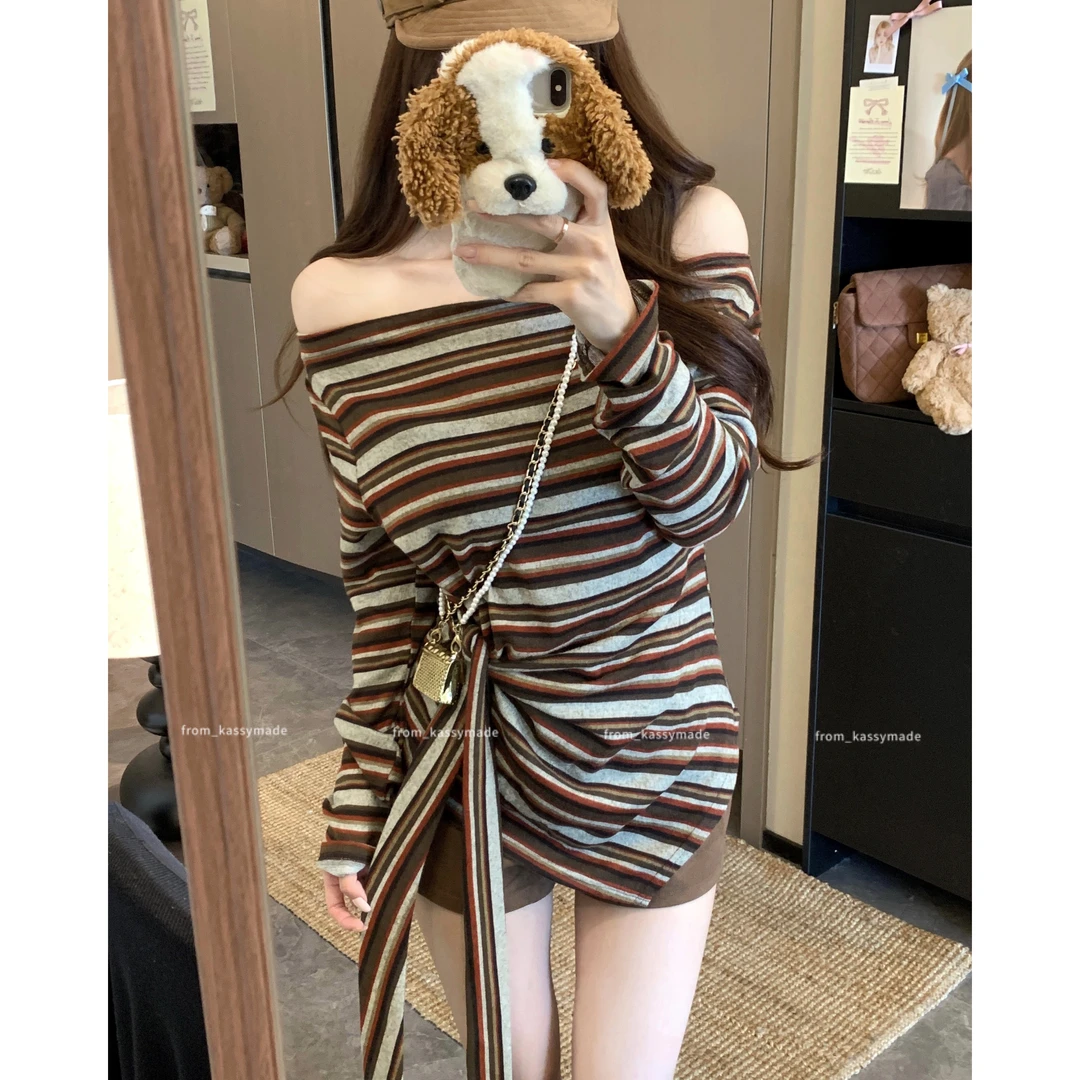 洋气衣服女~不规则一字领条纹长袖T恤女2025早秋韩系穿搭别致修身