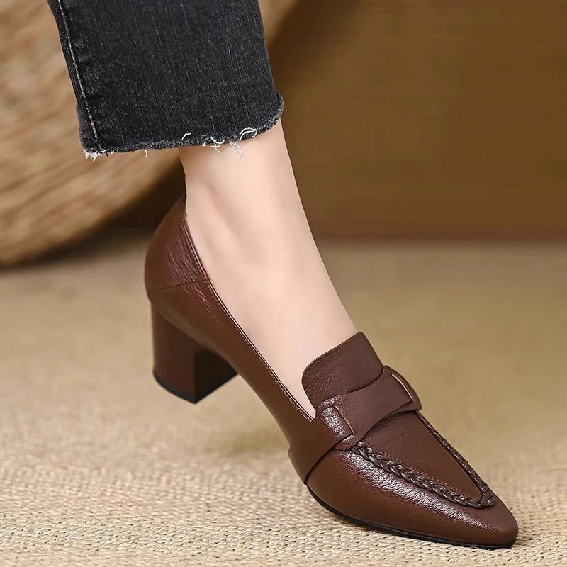 复古真皮高跟浅口单鞋女2025春秋新款尖头粗跟百搭小皮鞋气质女鞋