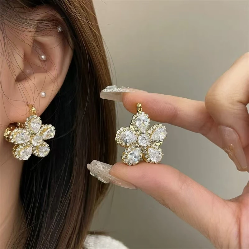铜合金耳饰 双面满钻五叶花花环名媛气质晚宴舞会耳饰女PT0328