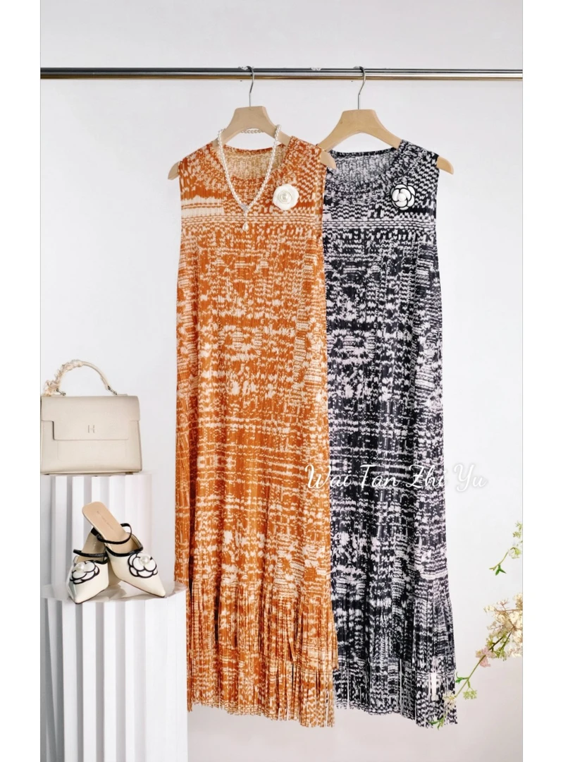 【慵懒一刻】宽松腰常规印花无袖夏季气质时尚名媛法式长款连衣裙