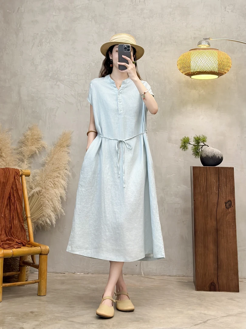 休闲风中长裙纯亚麻夏季宽松时尚纯色连衣裙短袖气质复古收腰V领