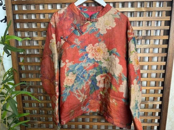 东北大花复古盘扣斜襟中式棉衣