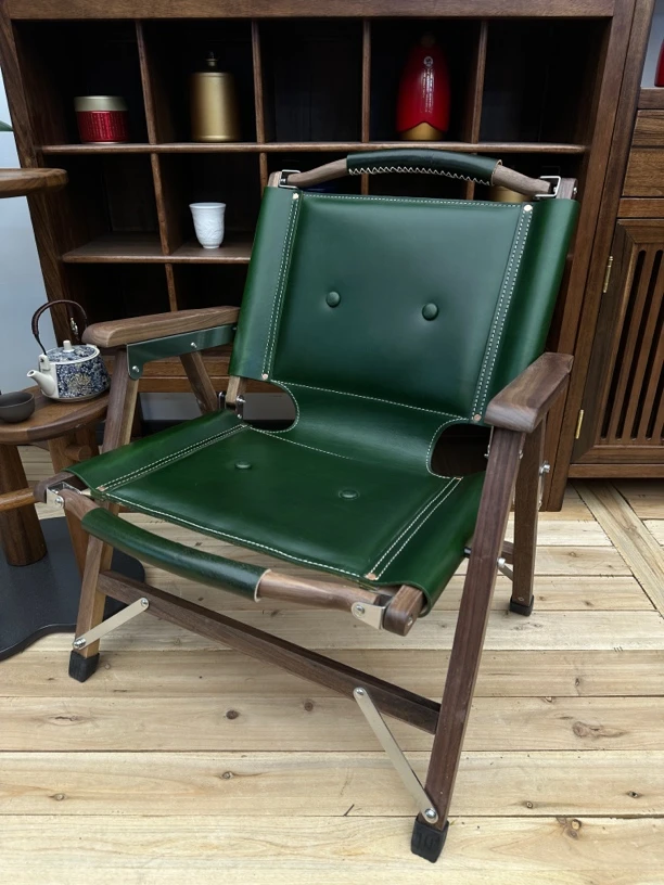 北美黑胡桃木【加粗加厚框架】+头层牛皮带软包双扣克米特折叠椅