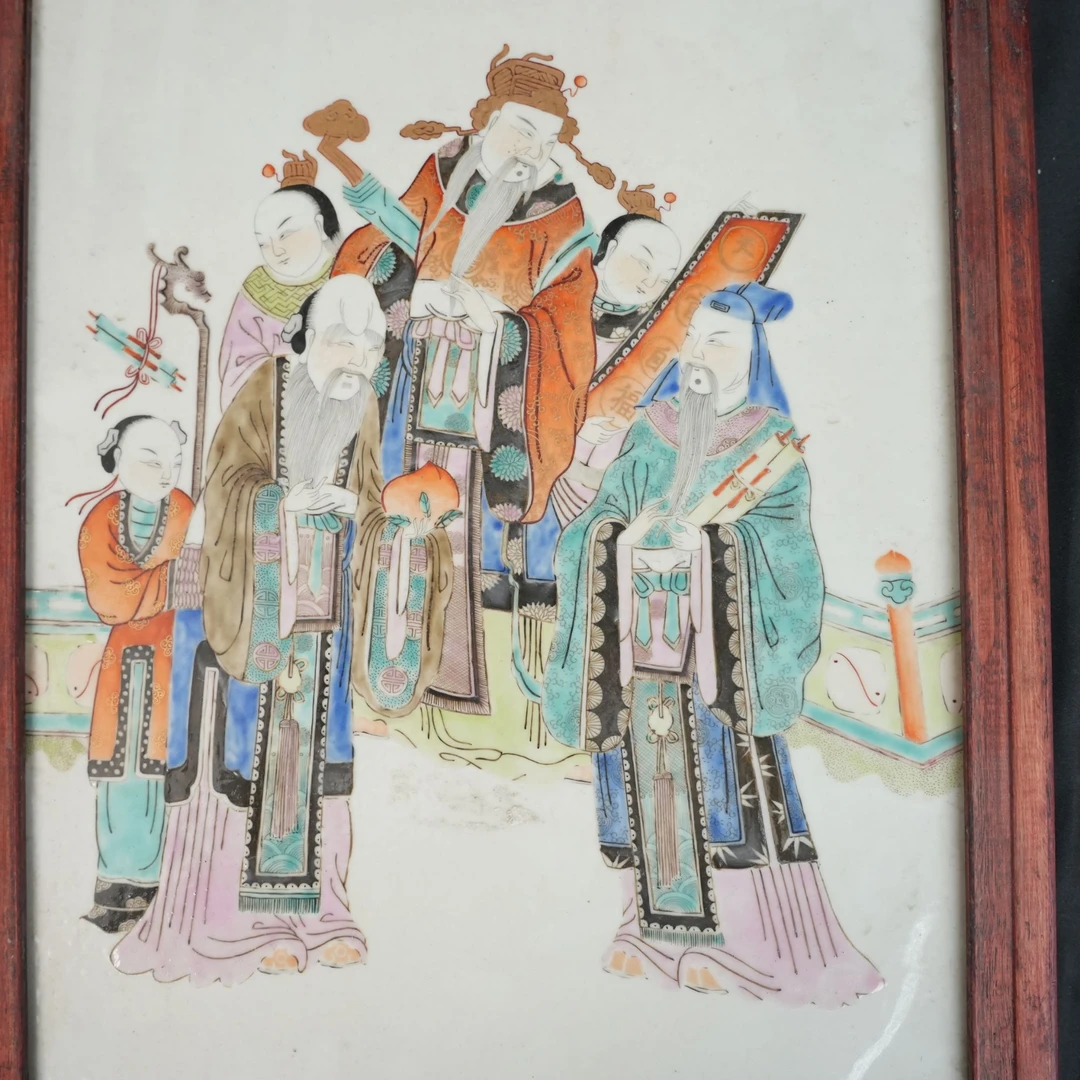 H0559彩福禄寿描金瓷板家居摆件