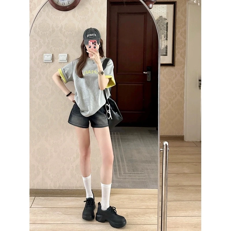 韩系复古高级感撞色字母刺绣短袖t恤女夏季新款宽松慵懒显瘦上衣