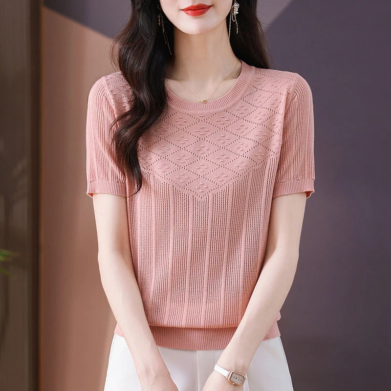 夏季新款圆领短袖T恤女时尚洋气百搭减龄宽松显瘦纯色薄款针织衫