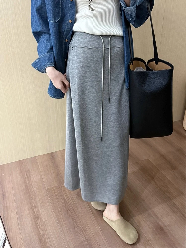 气质百搭系带直筒面膜半身裙2025秋季新款韩版高腰显瘦长款裙子女