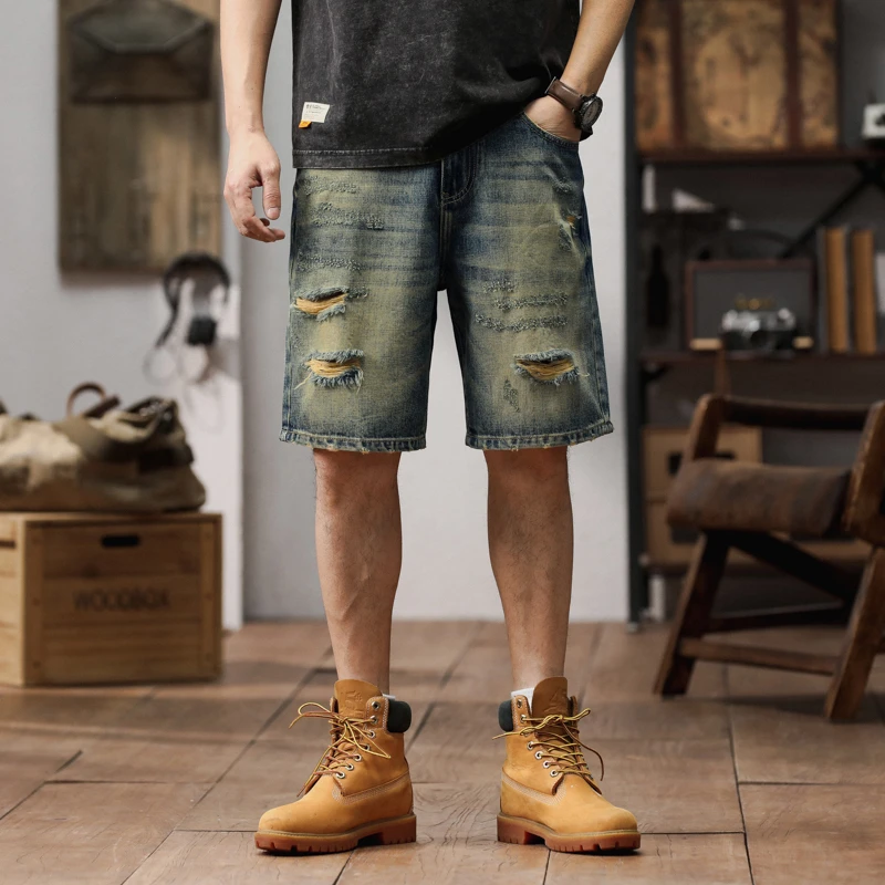 短裤男牛仔潮牌复古五分裤男款宽松大码夏季休闲中裤【赤原】