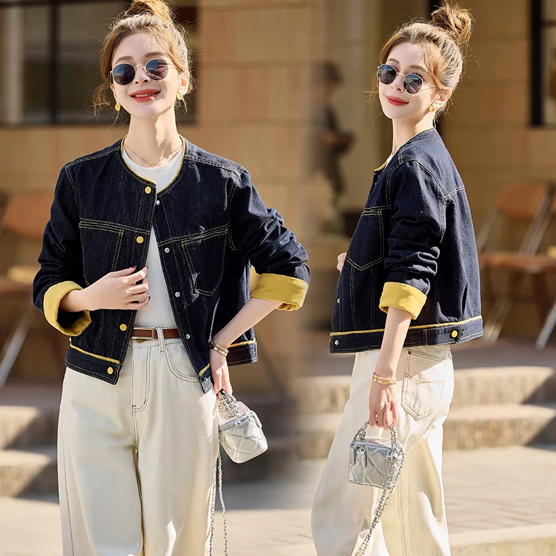 休闲时尚撞色拼接牛仔外套女2025春秋新款宽松百搭小个子短款上衣