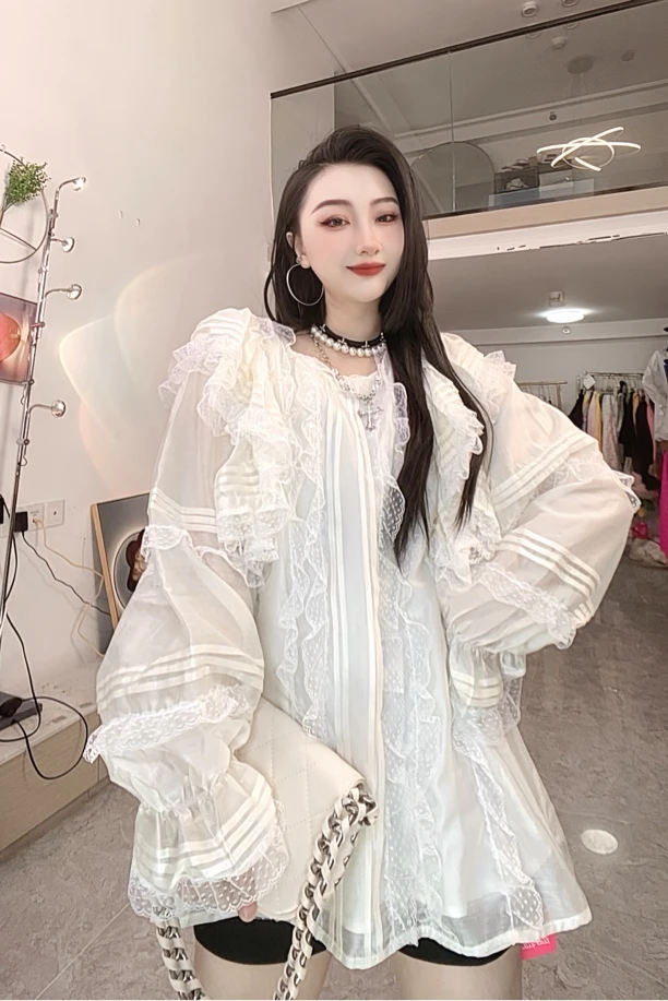 蕾蕾家春秋新款拼接蕾丝花边上衣蕾丝衫