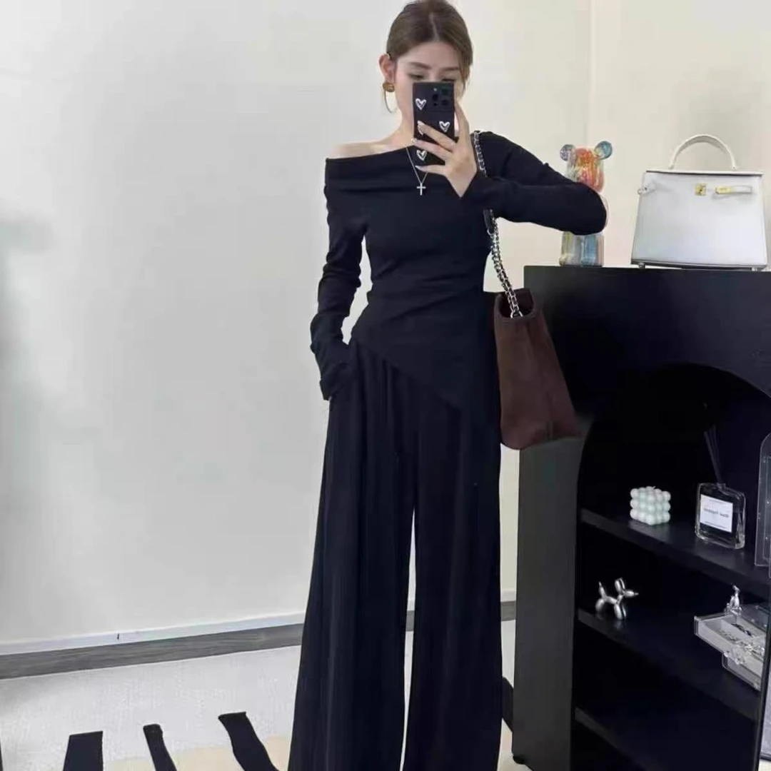 2025秋冬季新款两件套女时尚一字肩不规则上衣高腰阔腿裤套装