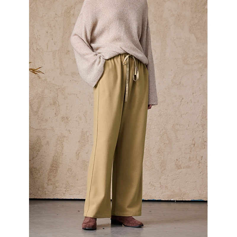 Q.TU裤子女2025新款秋冬羊毛棉针织毛呢4392松紧腰高级宽松直筒厚