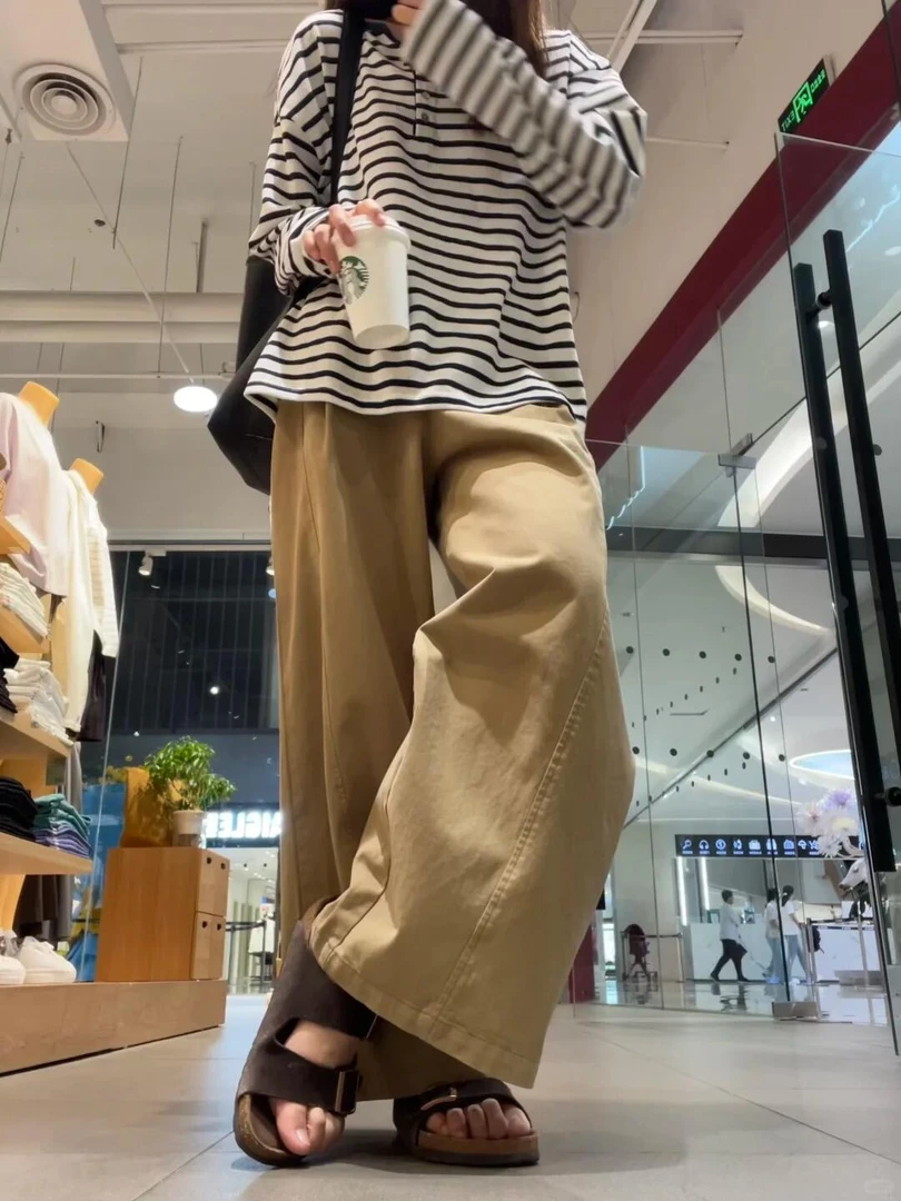 慵懒风卡其色休闲工装阔腿裤女秋季新款高腰宽松显瘦遮肉直筒裤子