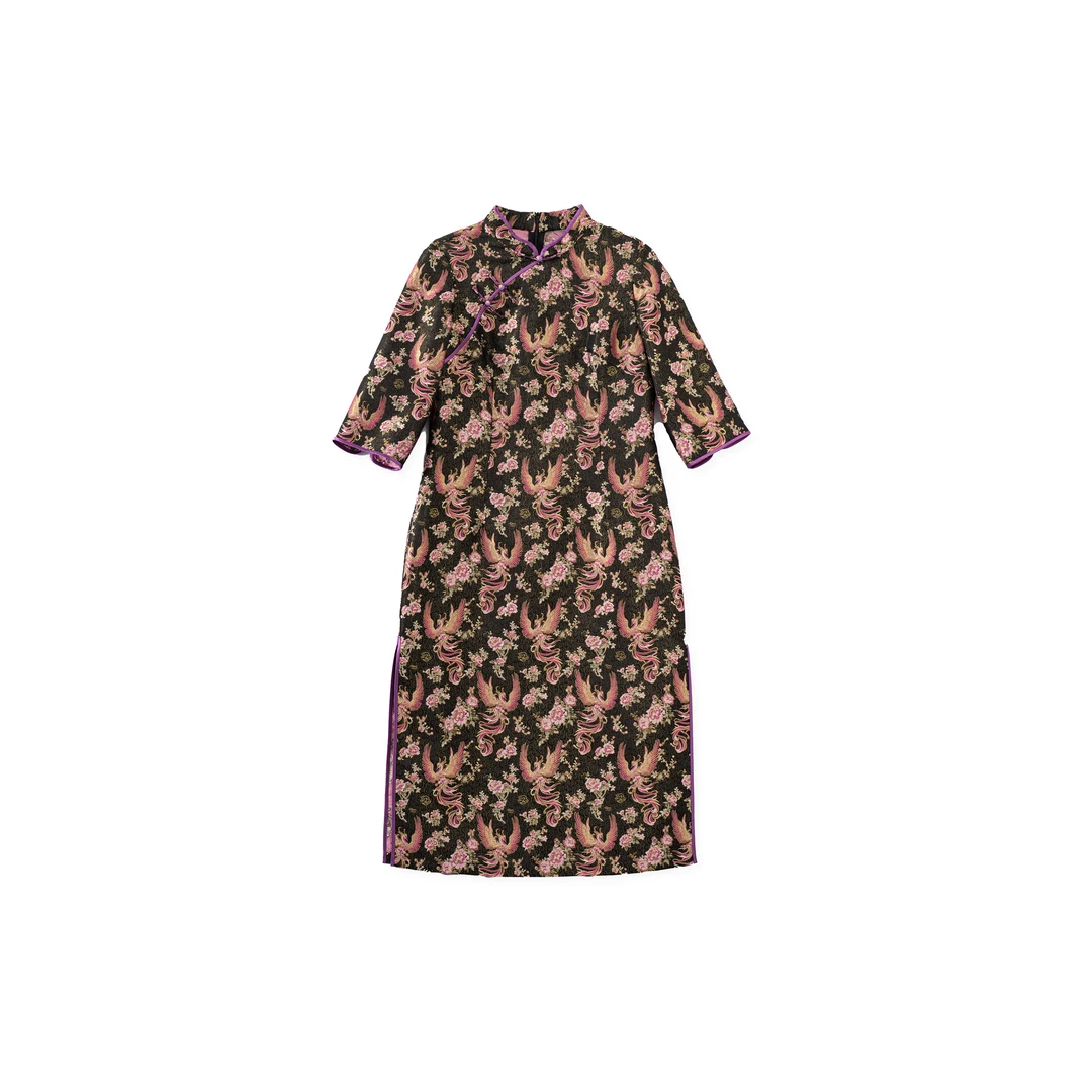 凰织-YZ202382新中式桑蚕丝蜀锦中国风复古提花旗袍连衣裙女