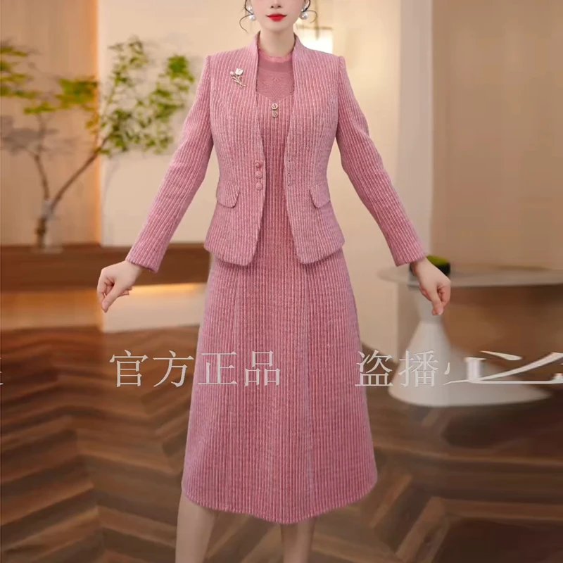 高贵精致加厚套装2025新款秋冬女士气质修身显瘦连衣裙外套两件套