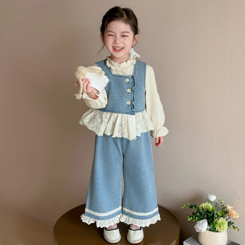 【三件套】女童春季新款套装洋气2025新款女宝宝长袖T恤牛仔裤套装