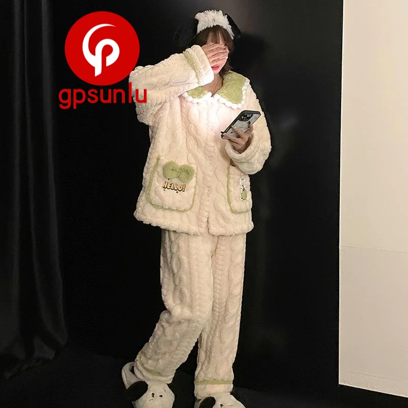 GPsunlu睡衣女款秋冬季珊瑚绒加绒加厚法兰绒公主风可爱家居服