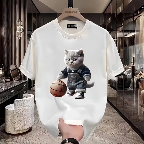 美式潮牌夏季新款趣味打球猫咪印花短袖T恤男女百搭超火情侣上衣
