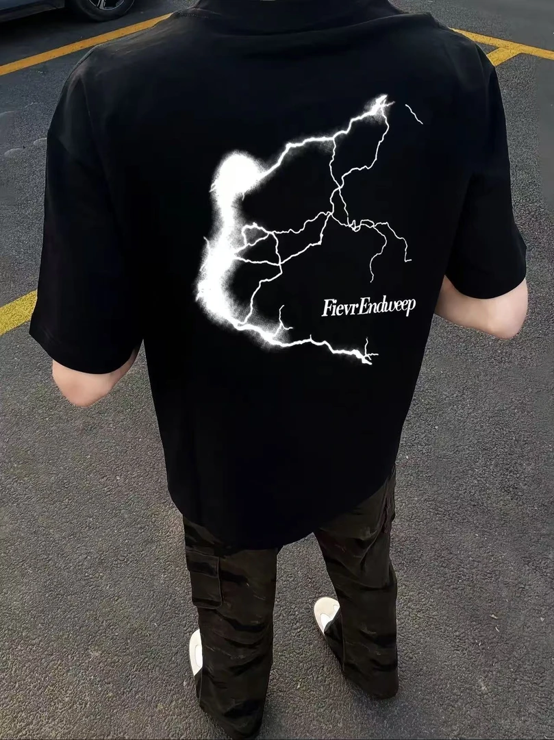 重磅潮牌街头美式短袖男潮流国潮闪电印花t恤男生高街宽松半袖