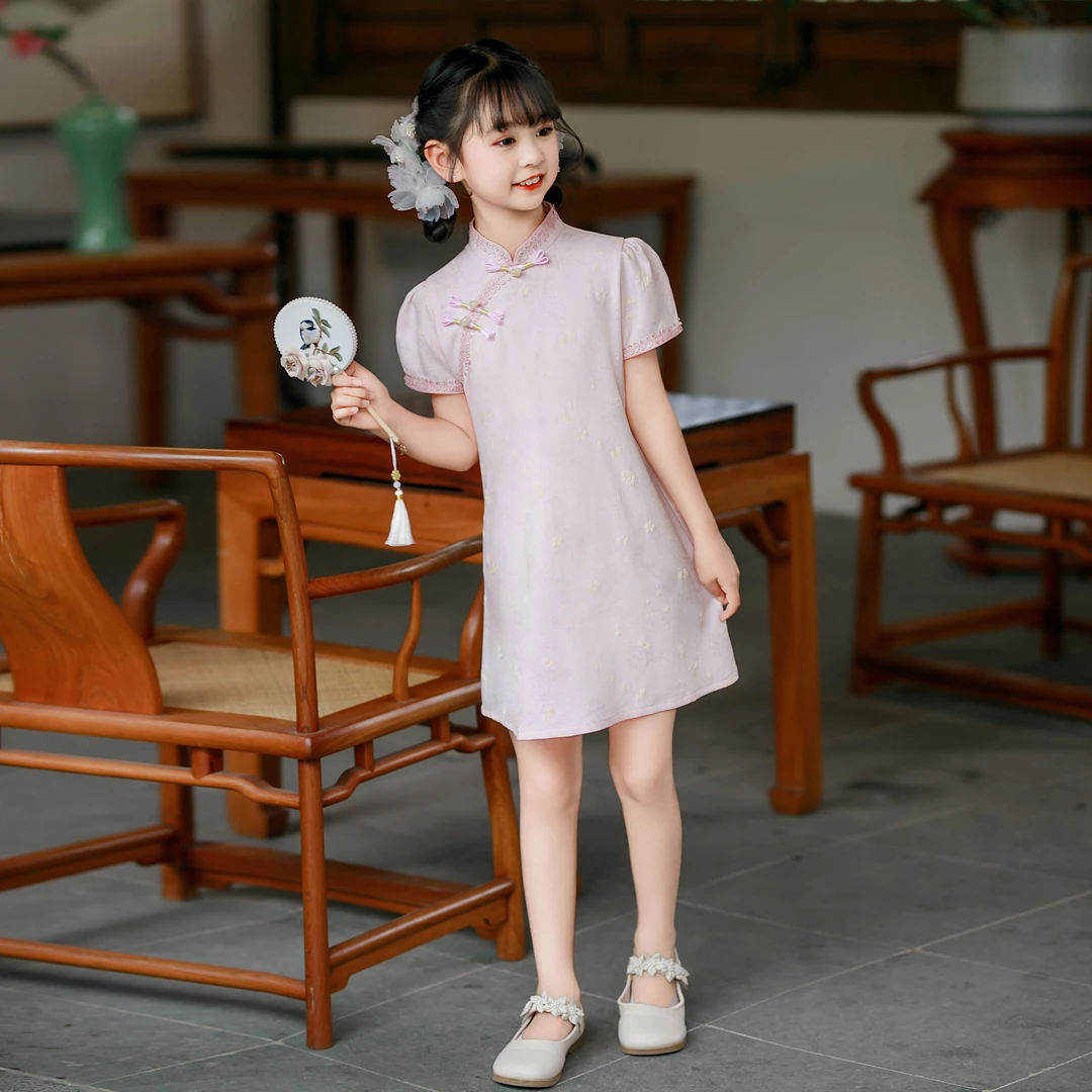 儿童旗袍夏款短袖演出服粉色公主洋气花朵复古中式女童气质连衣裙