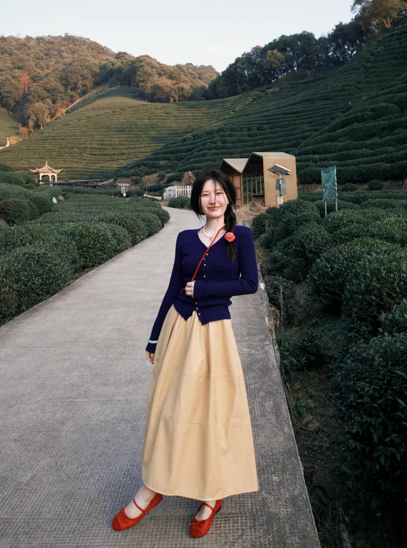 春季穿搭一整套设计感修身纯色V领针织衫女高腰百搭半身裙两件套