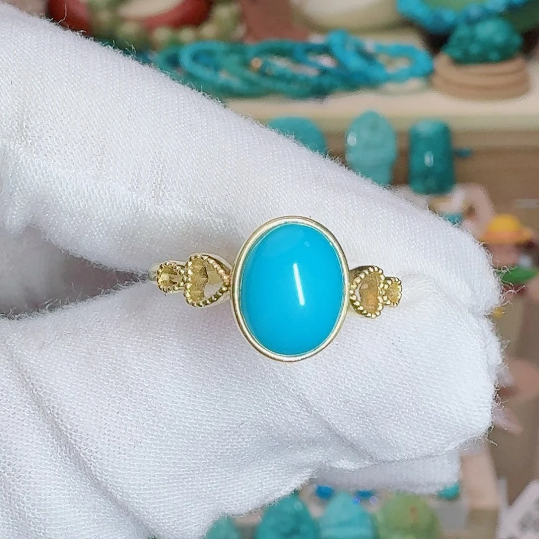 绿松石18K金镶嵌珠宝奇石设计感高瓷蓝戒指