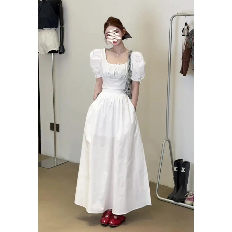 INS CEC2025夏季新款女法式气质方口领泡泡袖上衣高腰显瘦半身裙