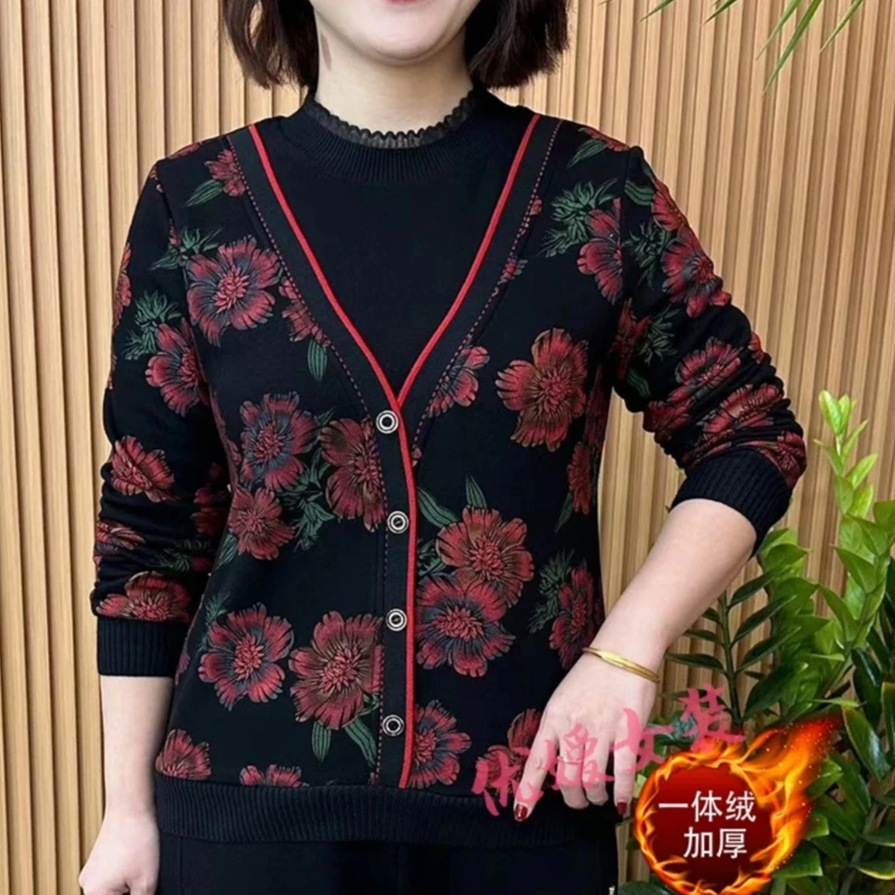 妈妈装长袖打底衫女春秋新款加绒加厚花色半高领假两件洋气上衣