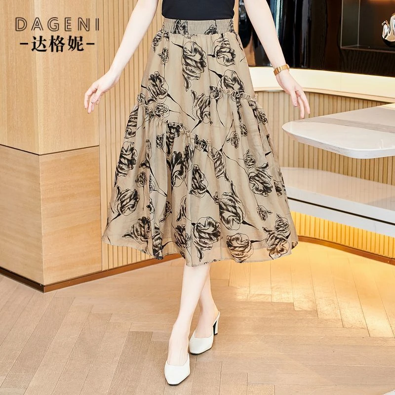 水墨印花半身裙女2025春夏新款小香风高腰a字裙百搭超仙过膝裙子