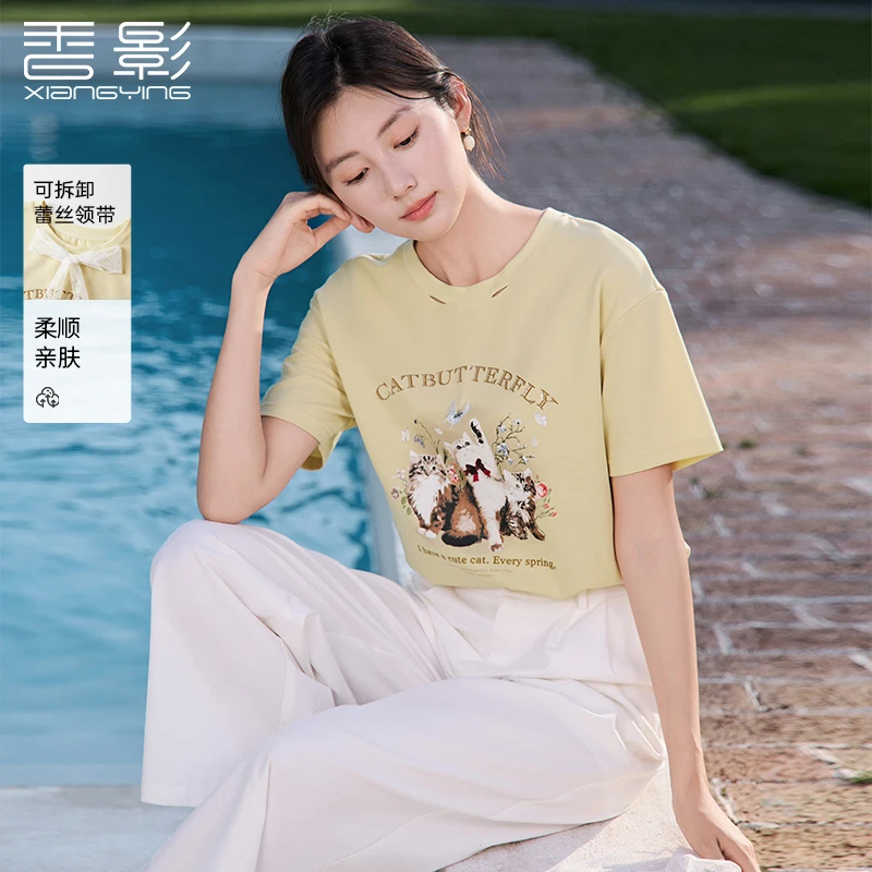 【直播专享】T85S750 T恤 香影卡通猫咪t恤女短袖夏装新款减龄