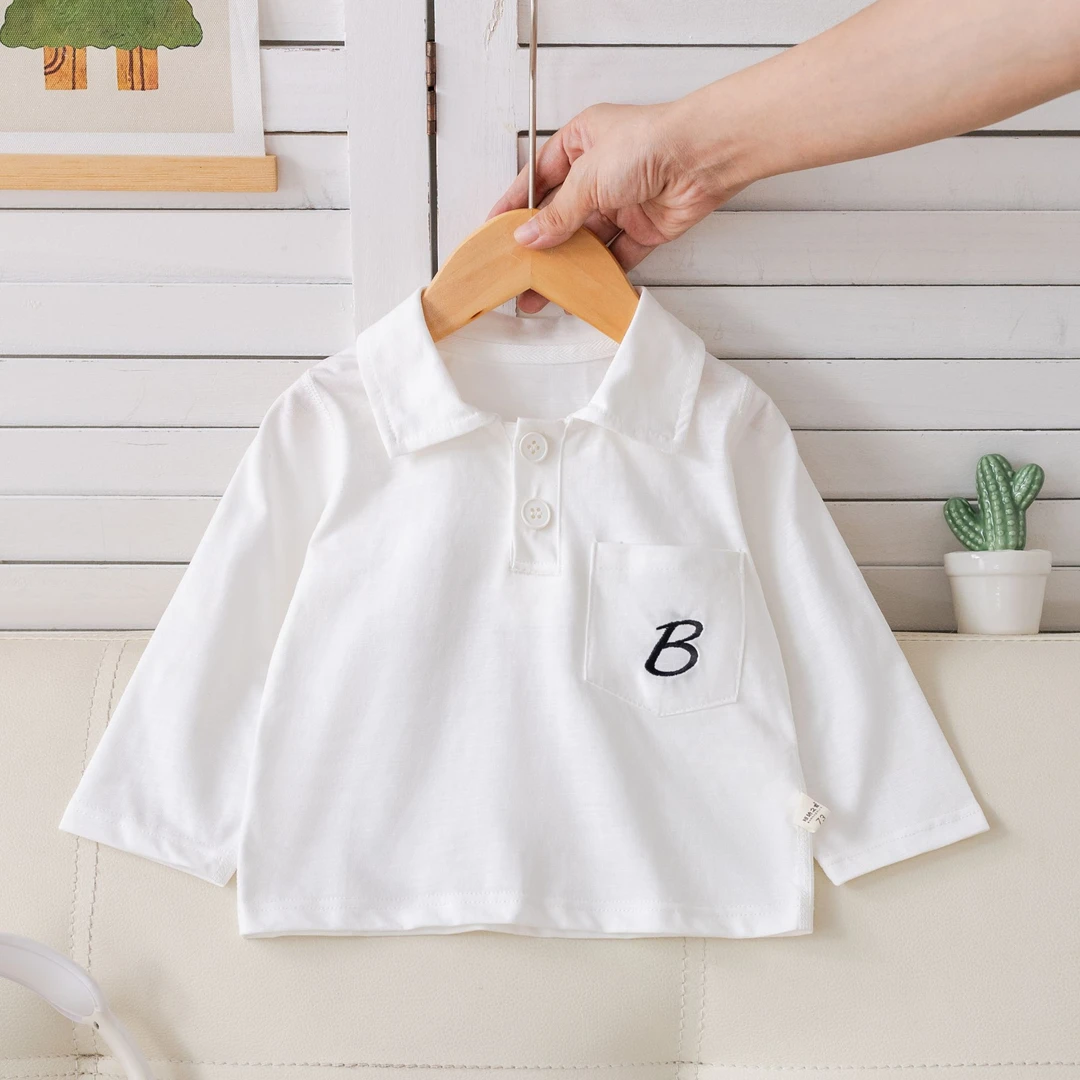 男宝宝衬衫长袖t恤春秋款打底衫男童polo衫翻领洋气纯色小童白色