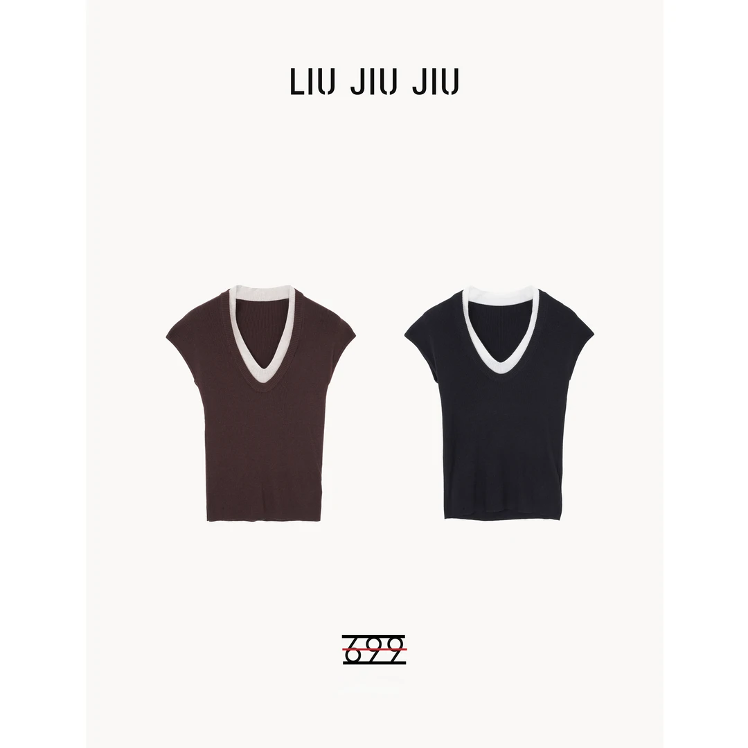 LIUJIUJIU 老钱风时尚气质百搭圆领假两件撞色针织衫ZZS2535L