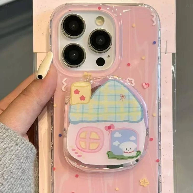 可爱粉底涂鸦房屋适用苹果16手机壳iphone15华为oppo小米vivo防摔