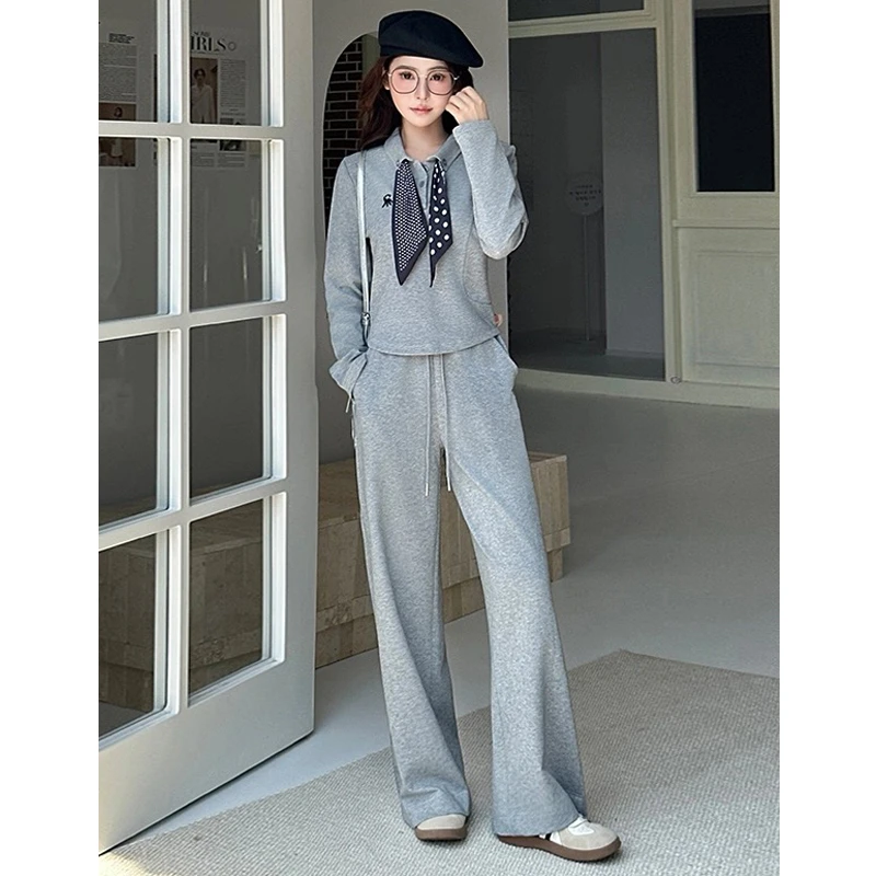 A042运动套装女2025秋季新款休闲慵懒风刺绣阔腿裤两件套