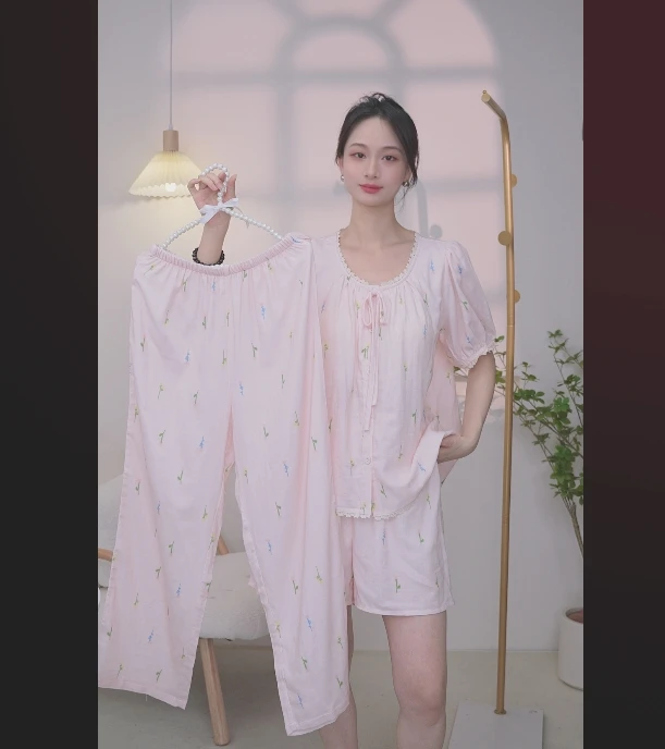 三件套睡衣女士夏季薄款纯棉2025新款夏天家居服套装舒适