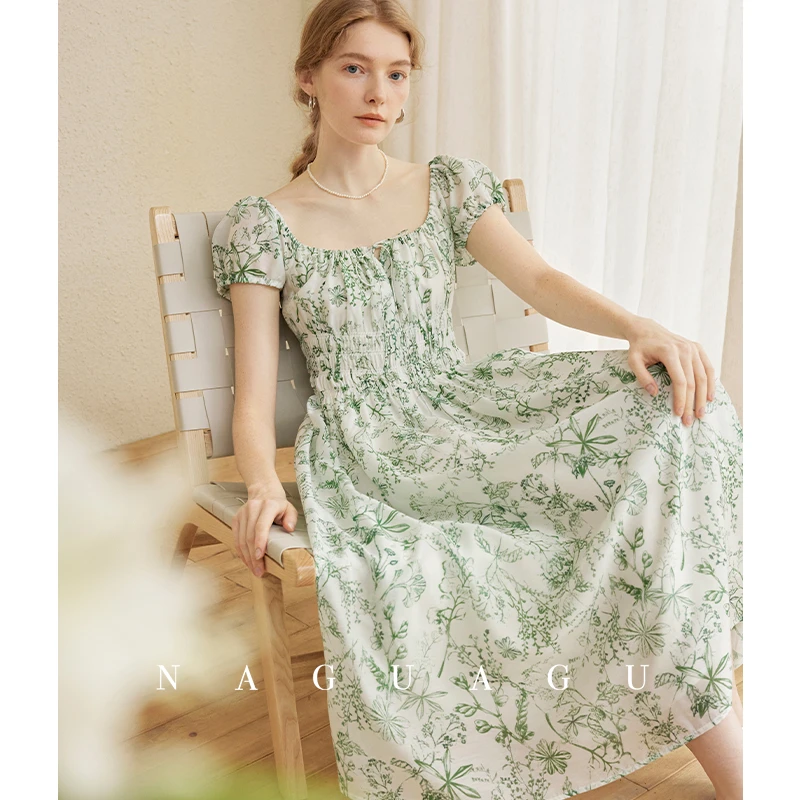 南瓜谷 拈花一梦~裙子女夏甄选透気三醋纤 法式方领连衣裙/吊带裙