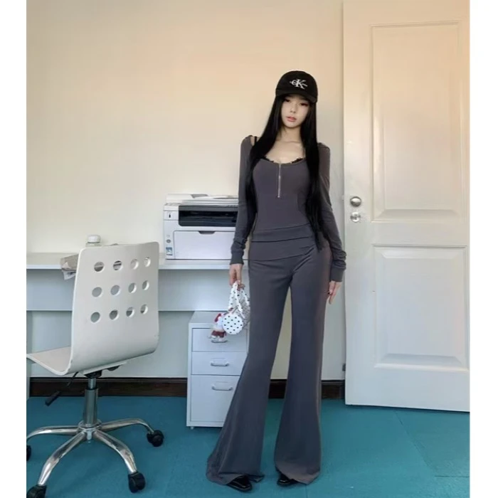 拼接蕾丝假两件连帽卫衣外套女秋季深灰色套装微喇叭休闲裤两件套