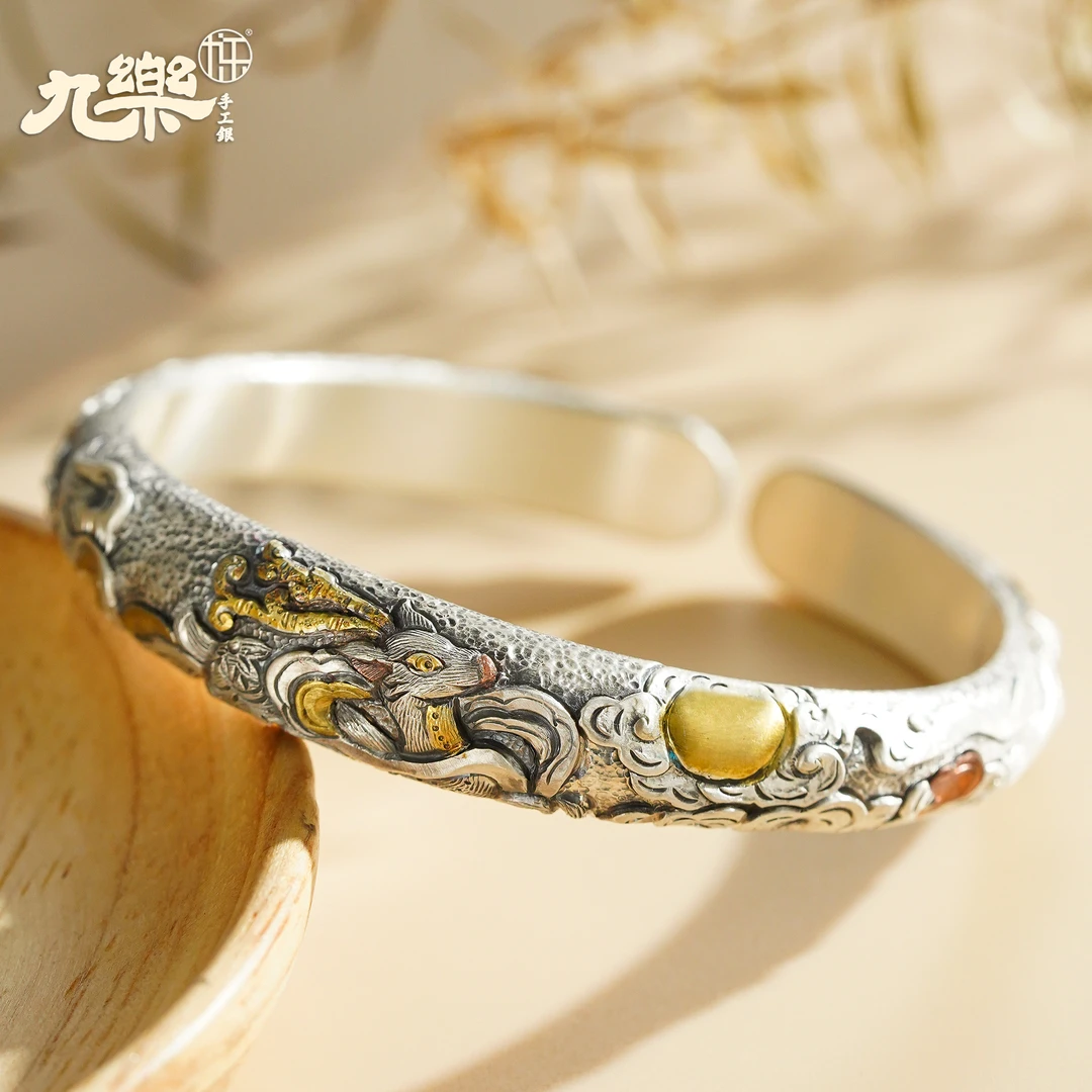 九乐 足银手镯 999九色鹿祥云中式非遗国风錾刻小蛮腰实心手镯