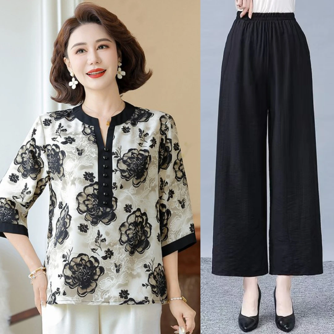 母亲节妈妈夏装短袖T恤上衣中年女士 洋气小衫中老年夏季套装