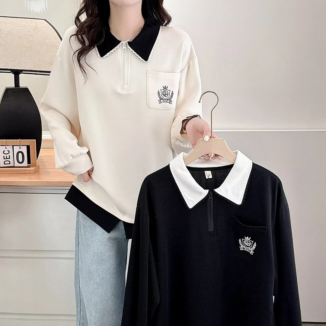 美格加110-200女早春薄款翻领半拉链拼色卫衣宽松显瘦百搭长袖