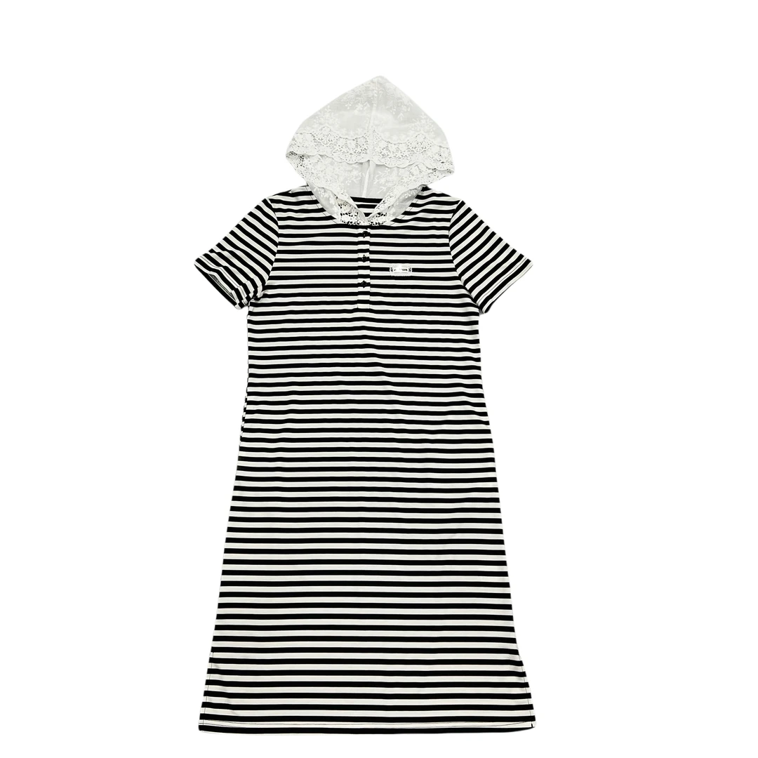 【糖糖】蕾丝帽条纹短袖长连衣裙