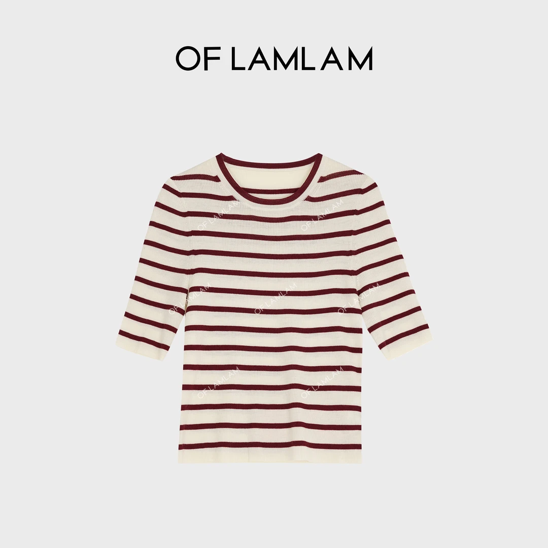 “中古序曲”100%绵羊毛圆领撞色拼接条纹针织T恤 OFLAMLAM MM094G
