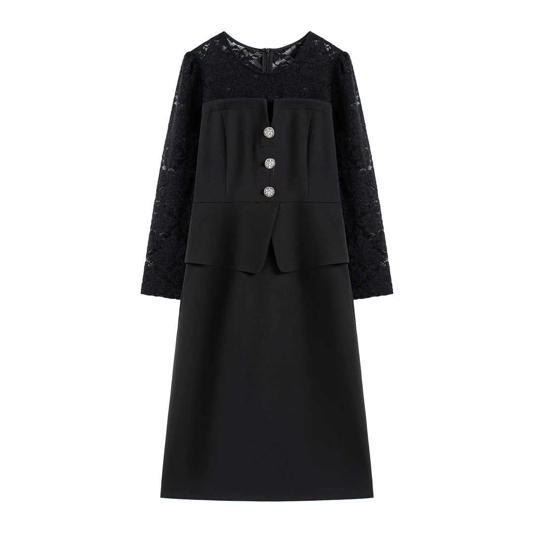 【南油虹姐】新款小香风显瘦气质蕾丝拼接连衣裙