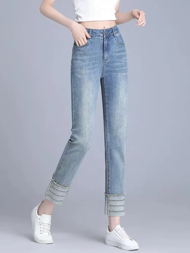 856#卷边波浪款牛仔烟管裤女时尚百搭显瘦高腰休闲春夏