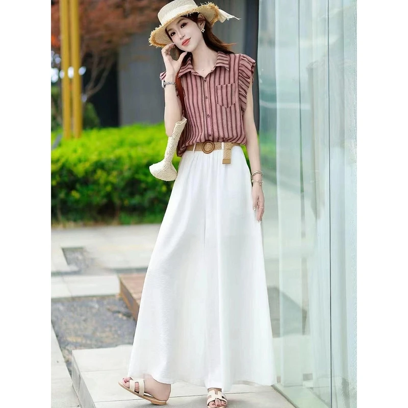 时尚小香风短袖条纹衬衫+阔腿裤两件套小仙女夏季新款裙裤一整套