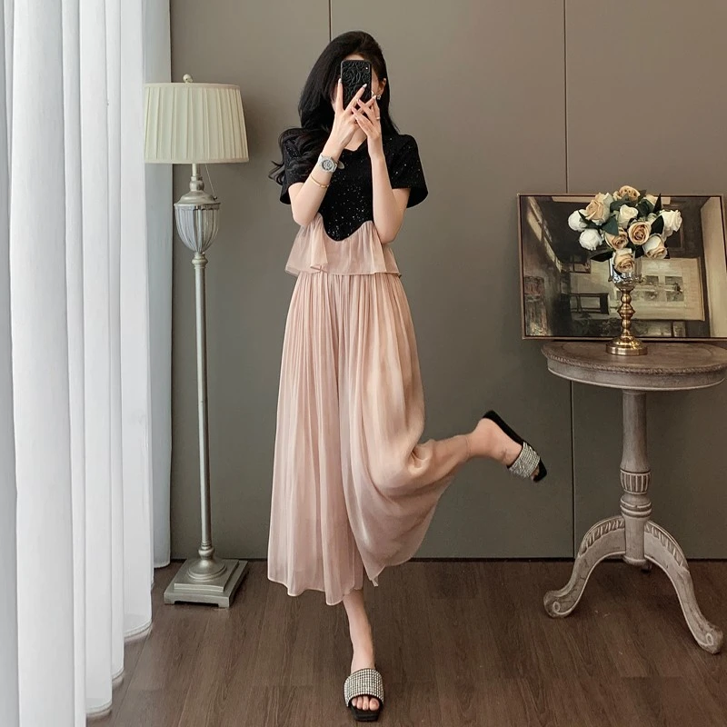 贵气感穿搭时尚套装女法式轻奢风高端短袖上衣粉色网纱裤裙两件套