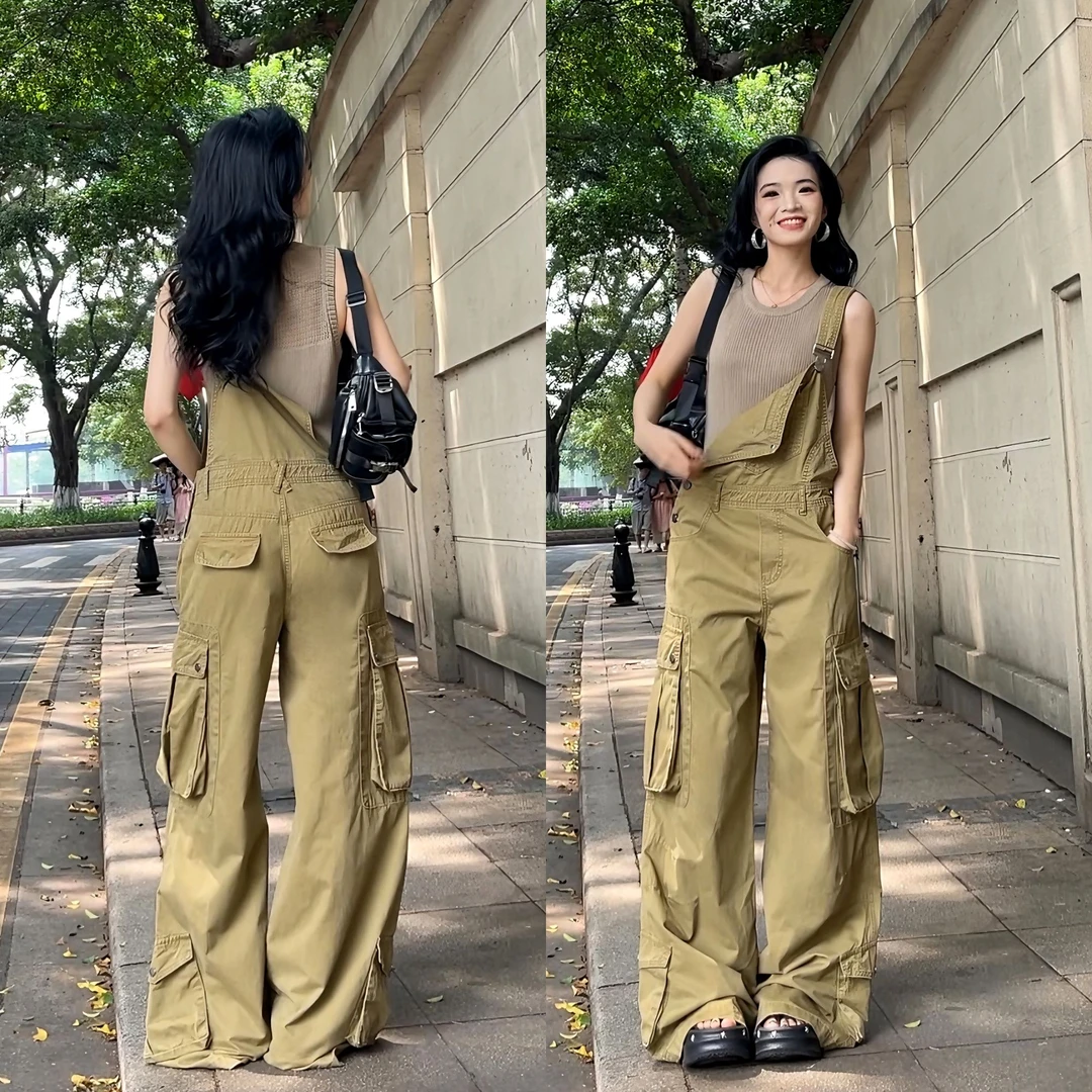 50699双肩背带裤女2025年夏季新款时尚个性多口袋牛仔工装长裤薄