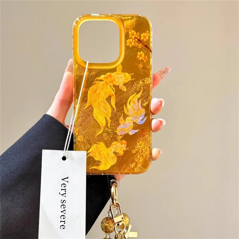 适用苹果16promax手机壳国风新年喜庆海棠花朵锦鲤手拎珠17promax