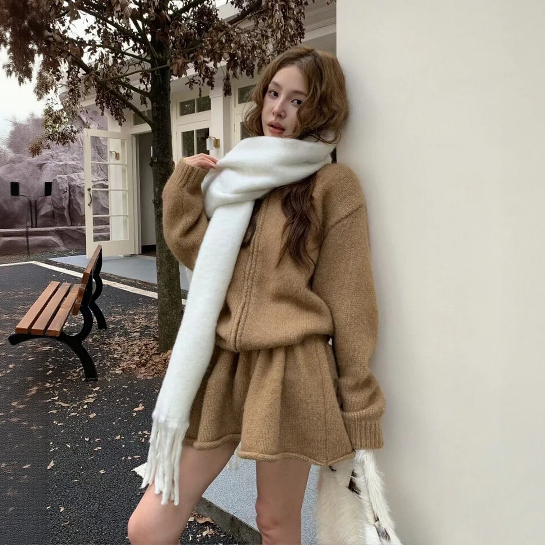 2025秋装韩系千金风一整套慵懒针织拉链毛衣外套高级感短裙套装女