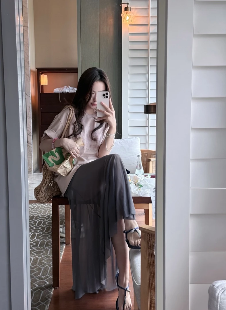 【SUE】 jennie同款 层次网纱休闲弹力飘逸感半裙